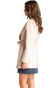 Women's Beige Wide Collar Wrap Coat with Tie-on Belt