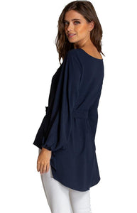 Women's Navy Loose Fit Boat Neckline Blouse With Button Details