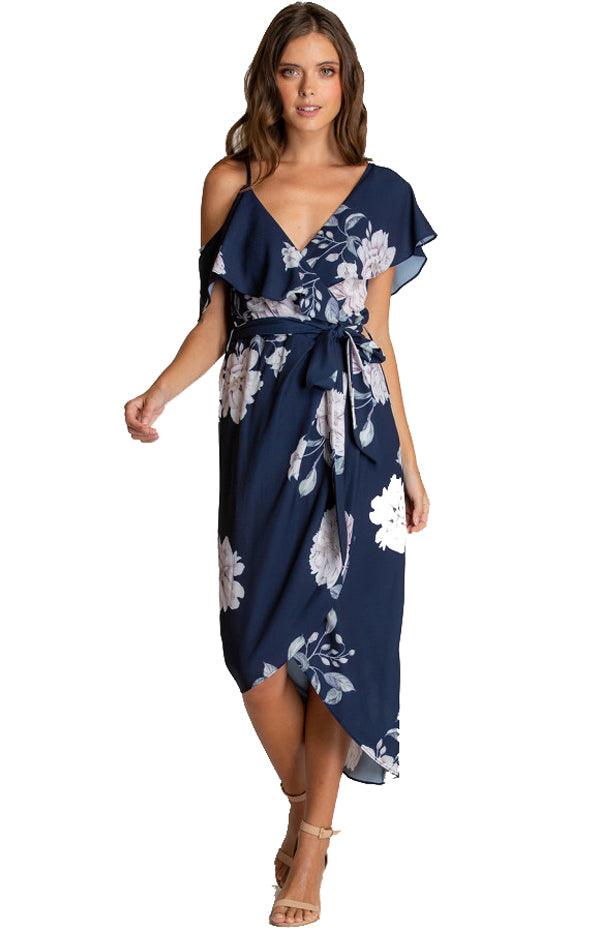 Women's Navy Floral V-Neckline Dress With Asymmetrical Hem Women's Navy Floral V-Neckline Dress With Asymmetrical Hem