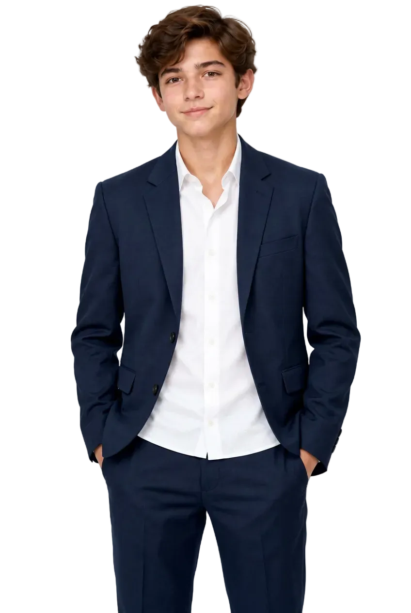 A young man with wavy brown hair wearing a navy blue blazer over a white button-down shirt, standing against a solid white background.