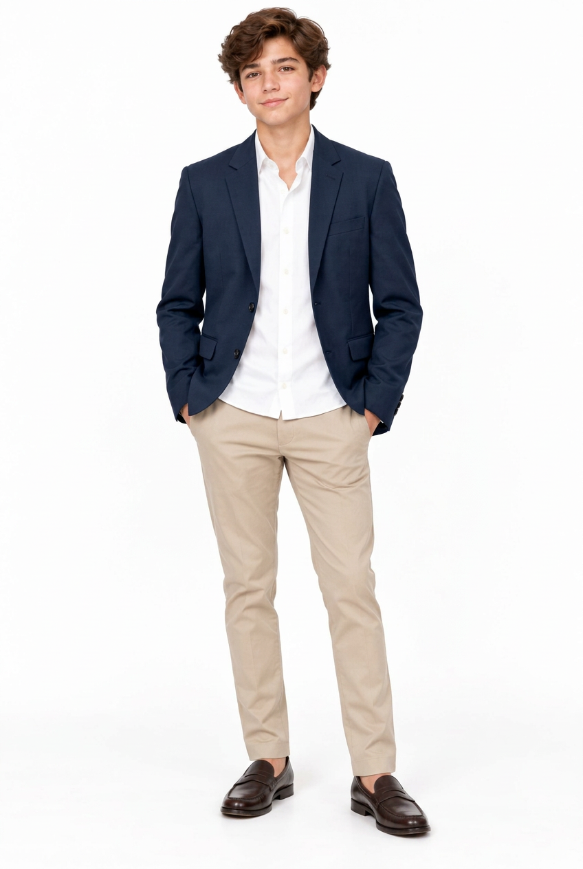 A young man modeling a navy blue blazer, white button-down shirt, beige trousers, and dark brown loafers, standing against a solid white studio background.