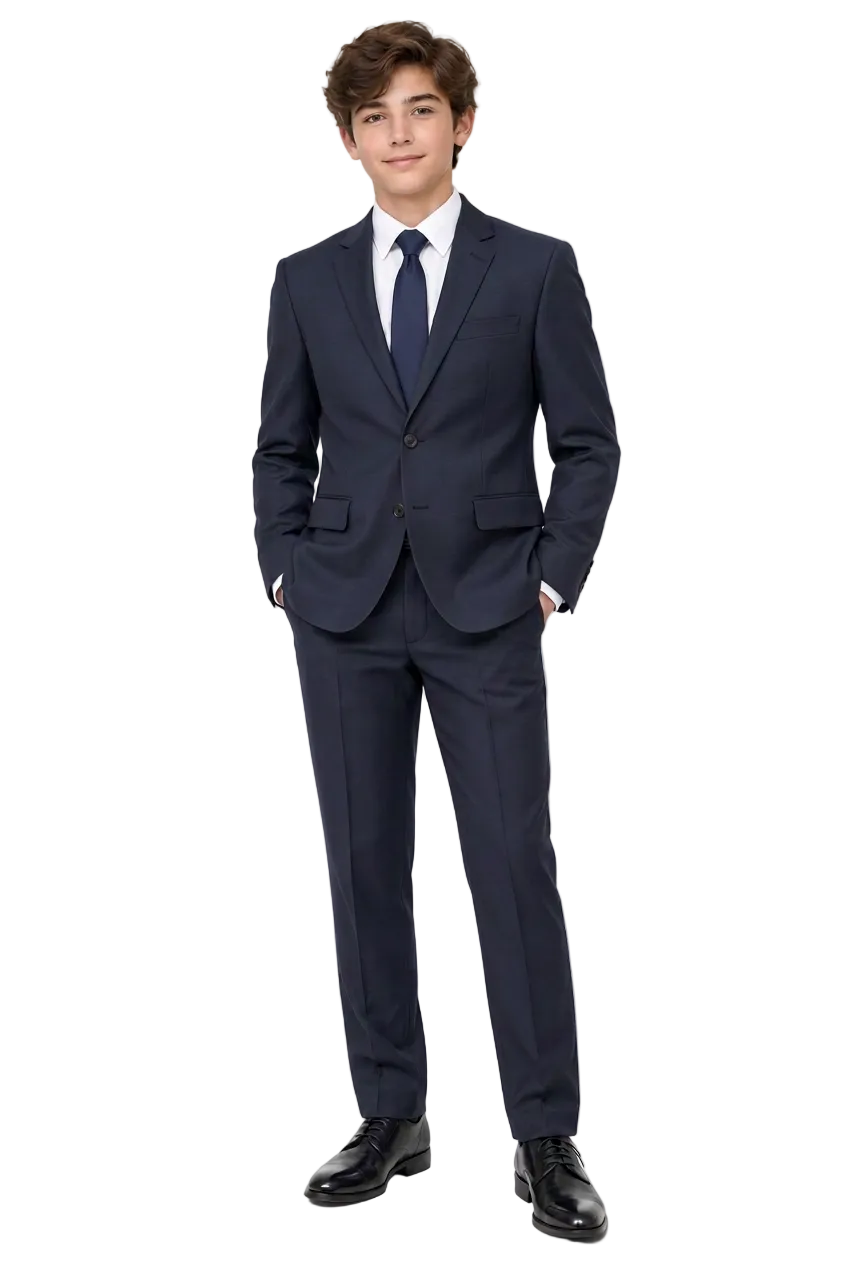 A young man modeling a navy blue two-piece suit with a white dress shirt, navy tie, and black dress shoes, standing against a solid white background.