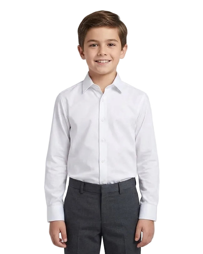 Boy's White Poly Cotton Slim Fit Dress Shirt