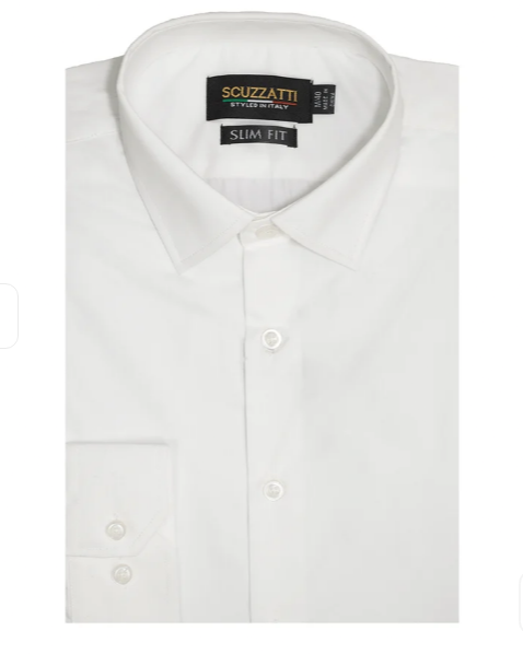 A folded white long-sleeve dress shirt by Scuzzatti, featuring a classic pointed collar, button-down front, and a single chest pocket.