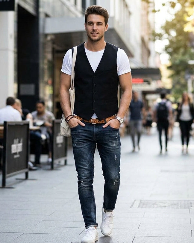 A man walking down a city sidewalk wearing a black vest over a white t-shirt, dark blue jeans, and white sneakers.
