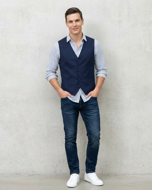 A man stands in a gallery or museum wearing a navy blue vest over a light blue and white striped shirt, dark blue jeans, and white sneakers, posing in front of a large concrete column.