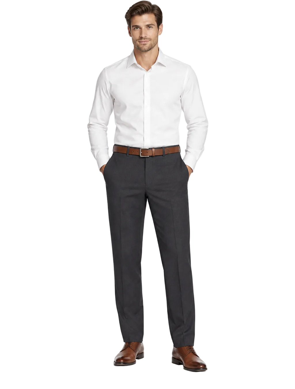 A man modeling a white long-sleeve dress shirt and dark charcoal gray dress pants with a brown belt and brown leather dress shoes, photographed against a seamless white studio background.