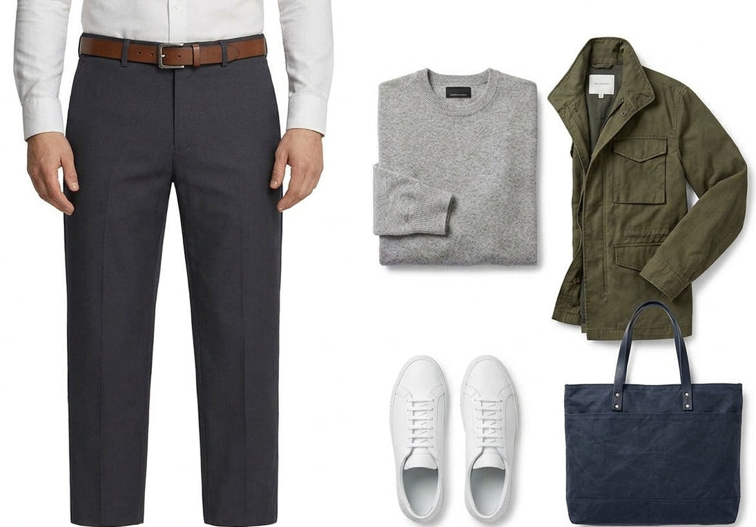 A flat-lay outfit collage on a white background showing a mannequin lower body wearing dark charcoal trousers and a brown belt, alongside a folded heather gray sweater, an olive green jacket, white sneakers, and a navy blue tote bag.