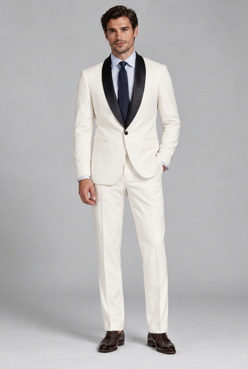 A man modeling a white three-piece tuxedo with black satin lapels, a white dress shirt, a navy blue tie, and dark brown dress shoes, set against a plain gray studio background.