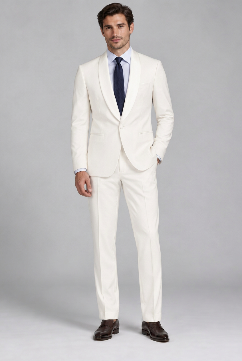 A man modeling a light cream-colored two-piece suit with a white dress shirt, a dark navy tie, and dark brown dress shoes, standing against a neutral gray studio background.