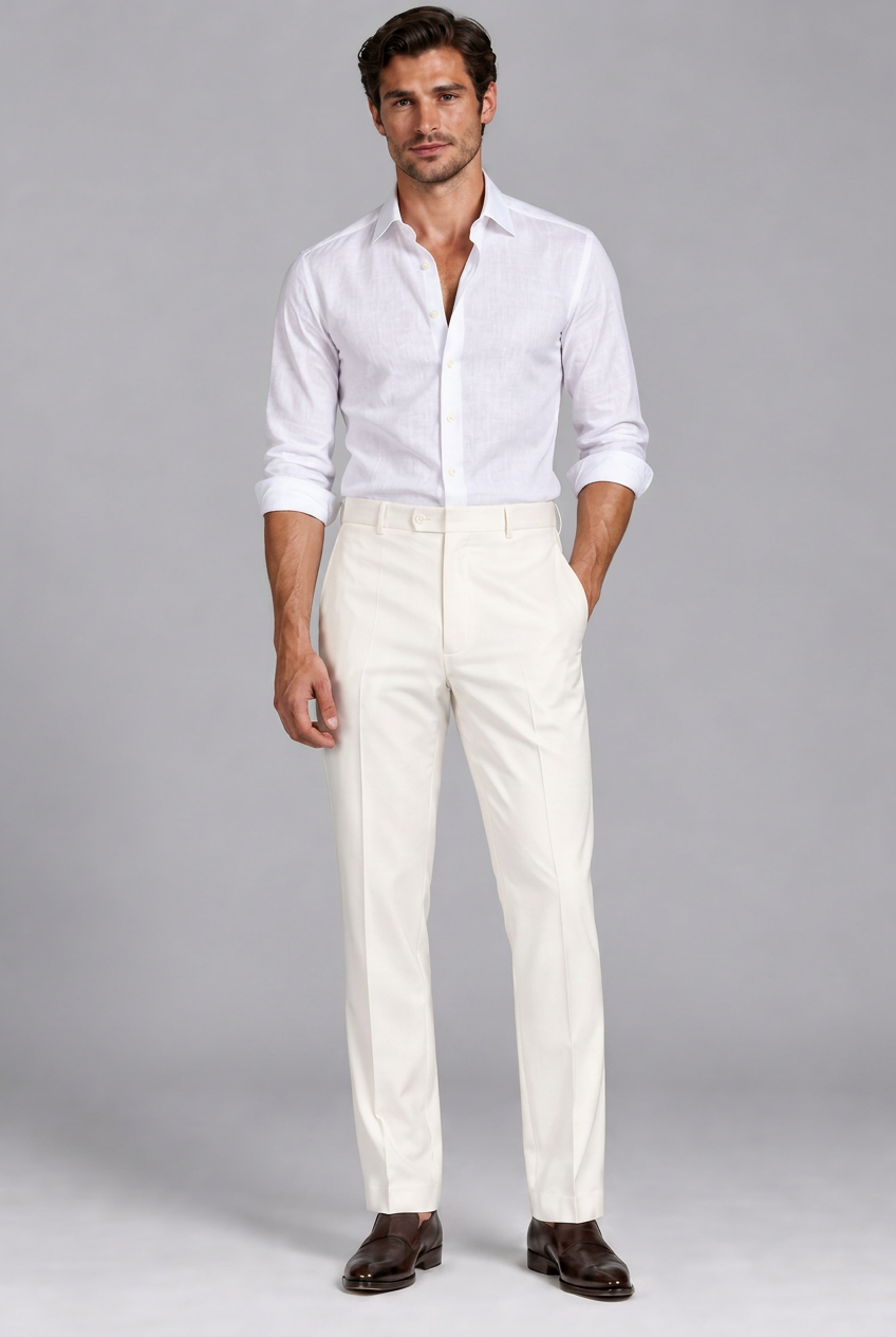 A man modeling a white long-sleeve button-down shirt and off-white trousers, paired with dark brown leather shoes, against a solid gray studio background.