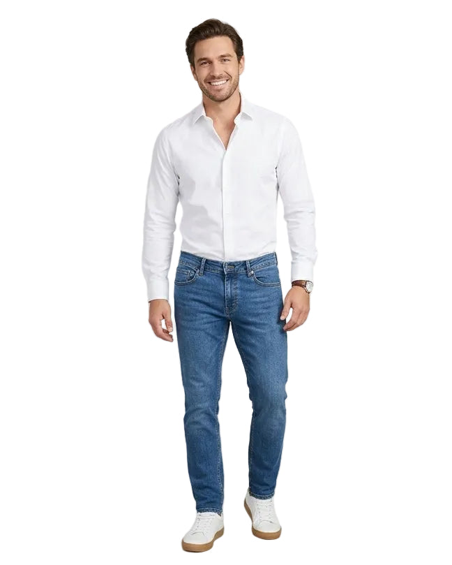 A side-by-side studio photo of a man modeling a white long-sleeve button-up shirt and blue jeans against a light gray background.