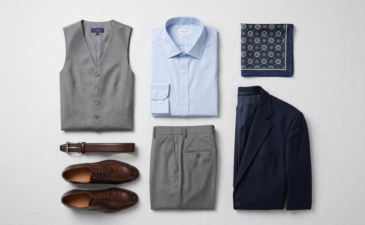 A flat-lay of a men's formal outfit on a light gray background, including a gray vest, light blue dress shirt, navy patterned pocket square, gray trousers, navy blazer, brown belt, and brown dress shoes.