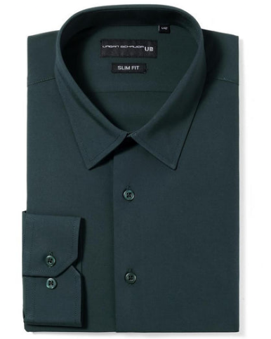 A folded dark forest green dress shirt with a pointed collar, button-down front, and a single-button cuff, shown on a plain white background. The inner neck label reads 'urban explorer' and 'SLIM FIT'.