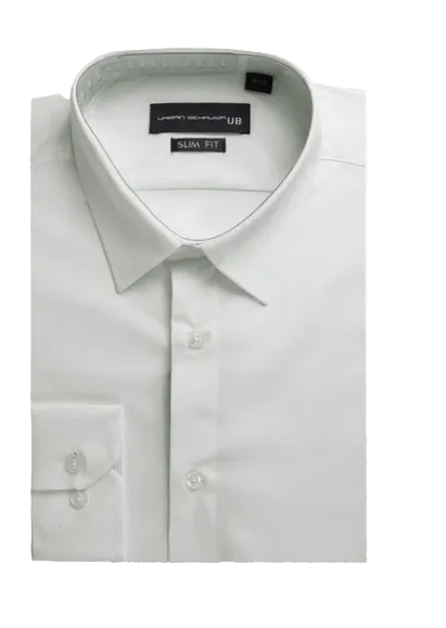 A white long-sleeve slim-fit dress shirt with a pointed collar, button-down front, and a single buttoned chest pocket, shown on a plain white background.