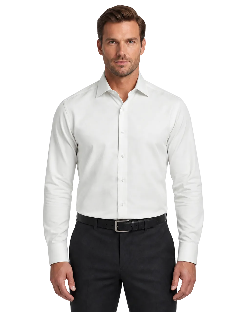 A man wearing a white long-sleeve button-down dress shirt with black dress pants and a black belt, standing against a plain white studio background.