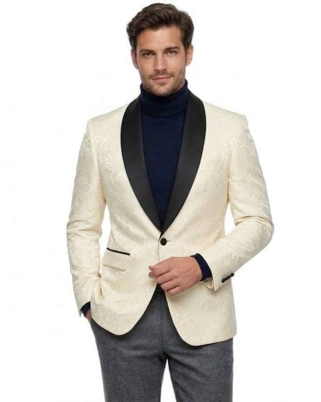 A man modeling a cream-colored textured blazer with black satin lapels, paired with a dark navy turtleneck sweater and gray trousers, shown in a side-by-side split screen against a white background.