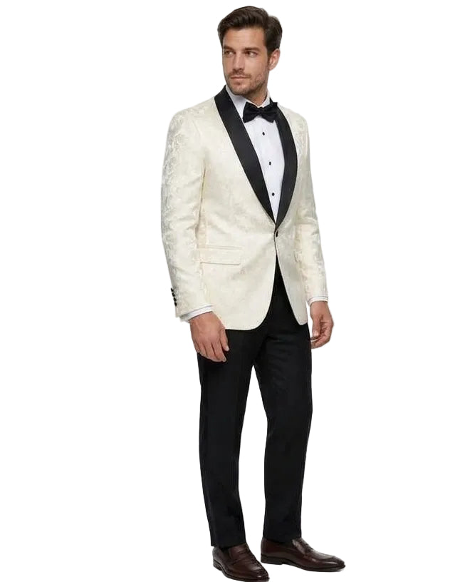 A man modeling a white tuxedo jacket with black satin lapels, paired with a black bow tie, white shirt, black trousers, and brown dress shoes, shown twice side by side against a light gray background.