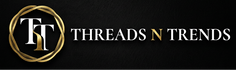A logo on a black textured background featuring a gold circular frame with intertwined white and gold letters 'TT' and the words 'THREADS N TRENDS' in white and gold.