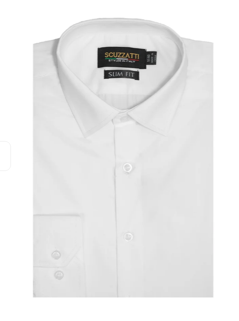A folded white long-sleeve dress shirt with a pointed collar and button front, shown on a plain white background. The neck label reads SOZZATTI EVERYDAY and SLIM FIT.