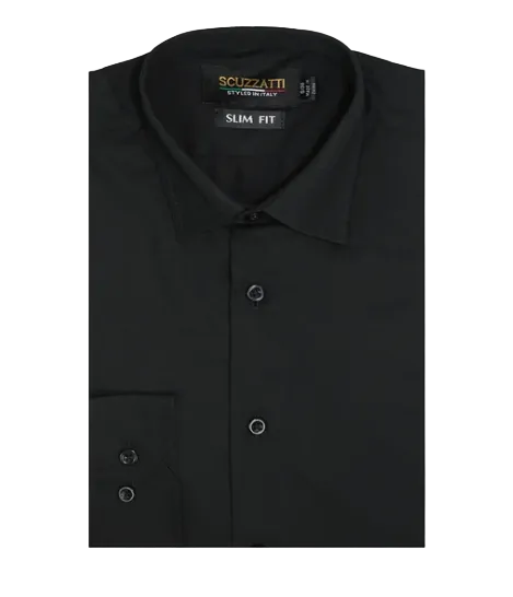 A black long-sleeve slim-fit dress shirt by Scuzzatti, folded neatly to show the collar, button placket, and chest pocket on a plain white background.
