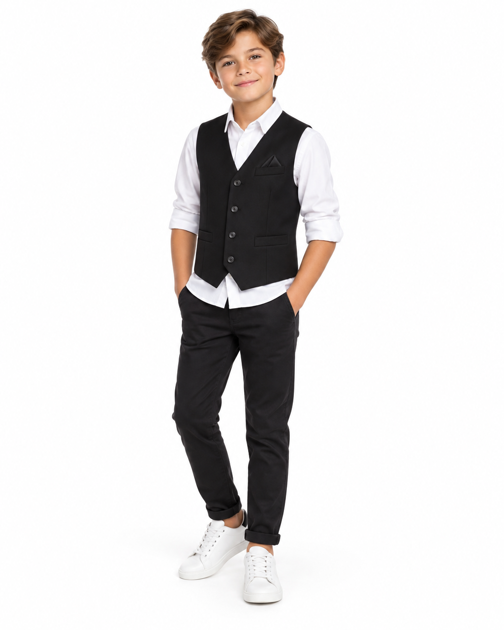 A young boy modeling a formal outfit consisting of a black button-down vest, a white long-sleeve dress shirt, black trousers, and white sneakers, photographed against a seamless white studio background.
