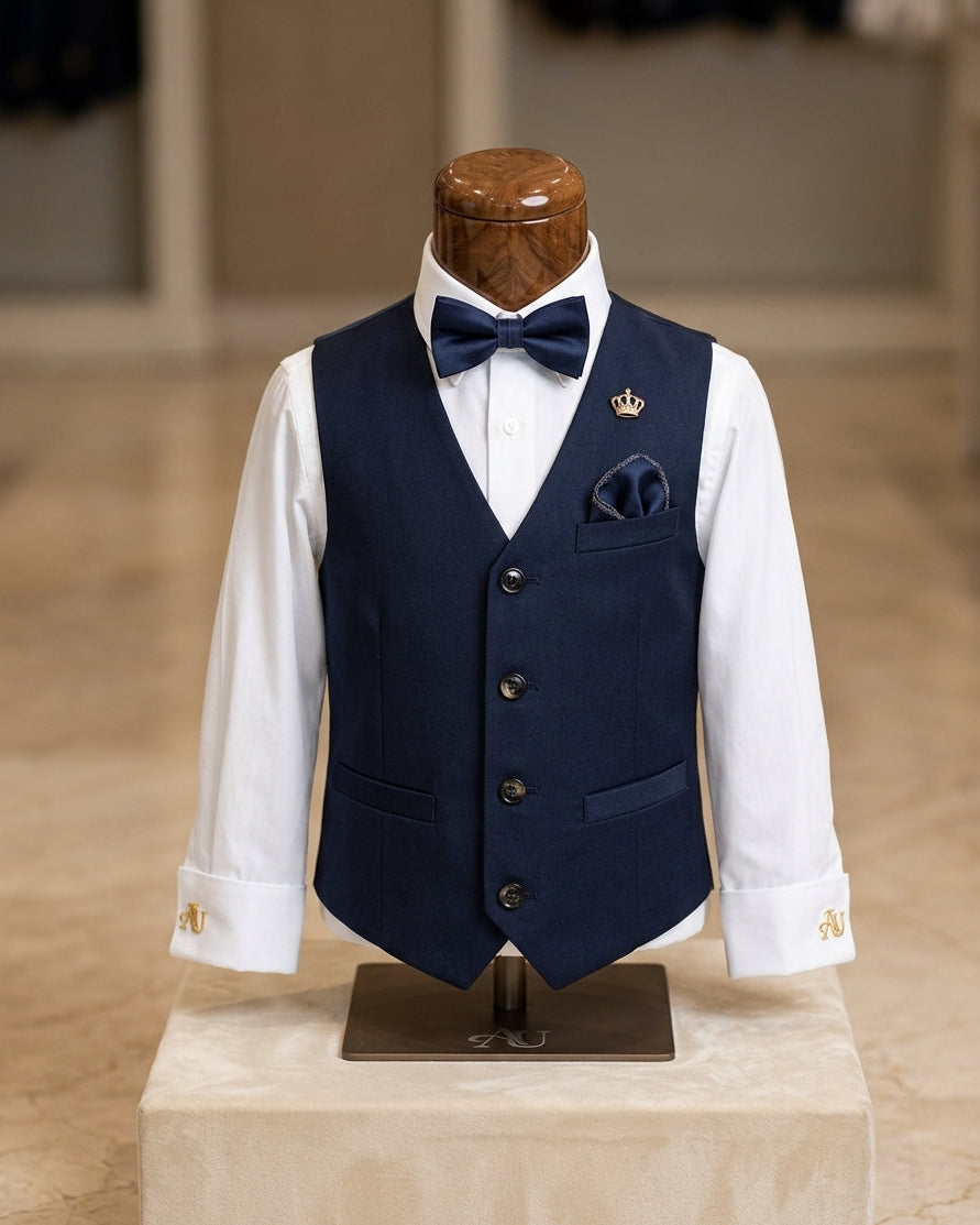 A boy's formal outfit displayed on a mannequin torso, featuring a navy blue vest, matching navy bow tie and pocket square, white dress shirt, and gold cufflinks and lapel pin, set against a softly blurred indoor boutique background.