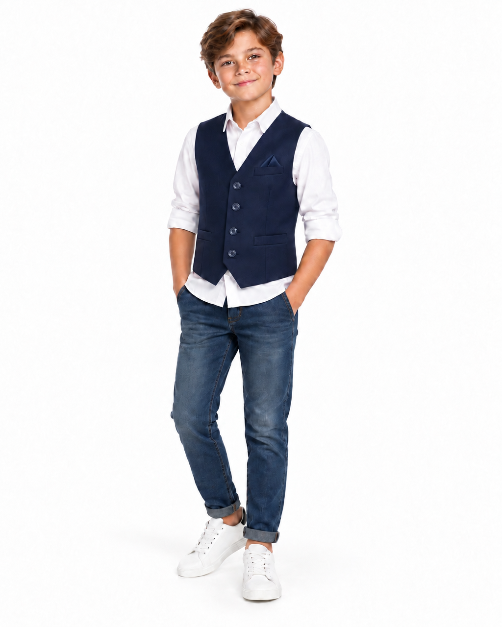A young boy modeling a navy blue button-up vest over a white collared shirt, paired with blue jeans and white sneakers, on a solid white background.