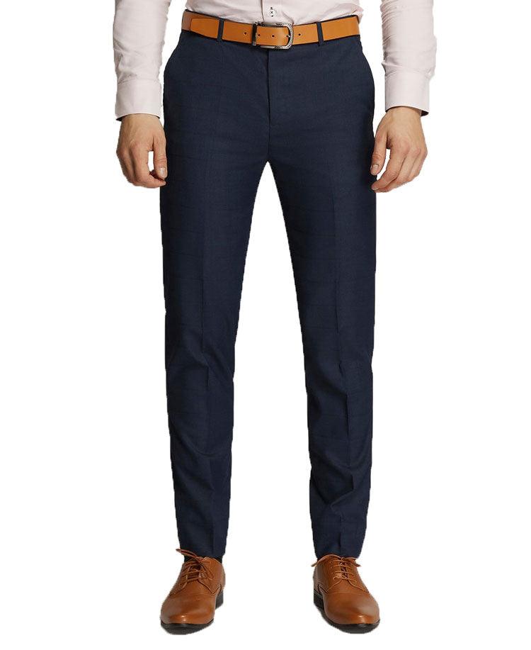 Men's Trendy Formal Navy Windowpane Check Slim Fit Trousers