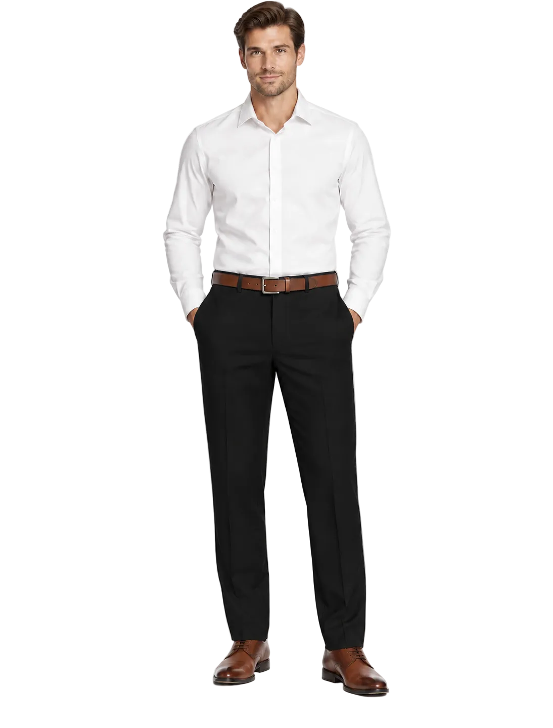 A man modeling a white long-sleeve dress shirt, black dress pants, a brown leather belt, and brown leather dress shoes against a plain white studio background.
