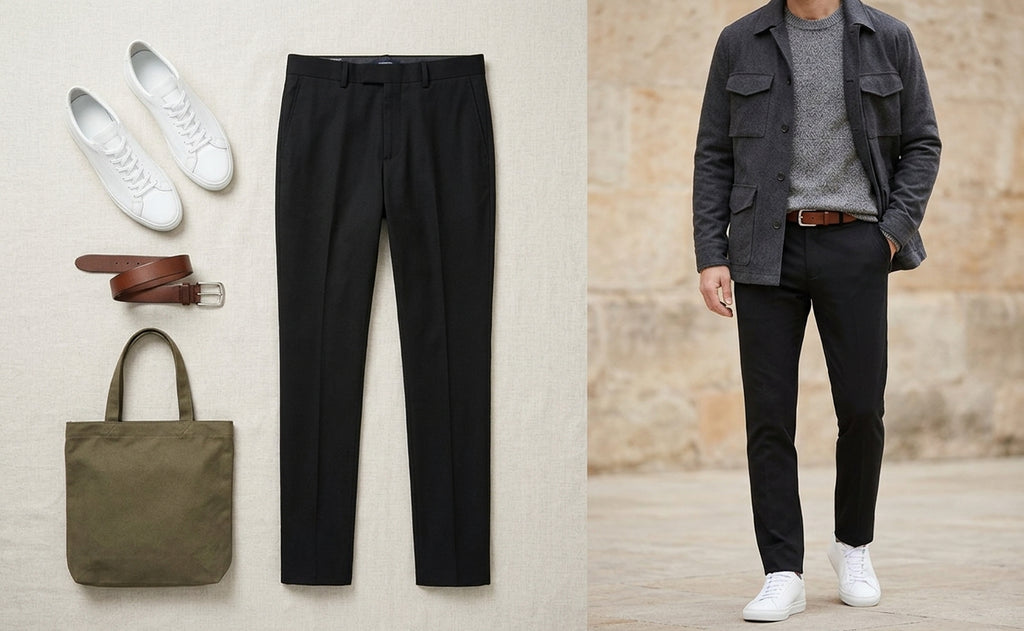 A split image showing a men's outfit. The left side is a flat lay of black trousers, white sneakers, a brown belt, and an olive green canvas tote bag on a light beige background.