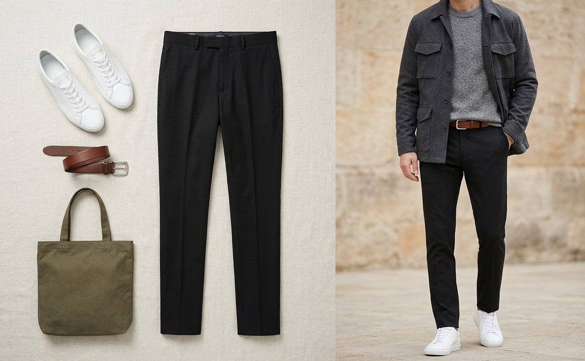 A split image showing a men's outfit. The left side is a flat lay of black trousers, white sneakers, a brown belt, and an olive green canvas tote bag on a light beige background.