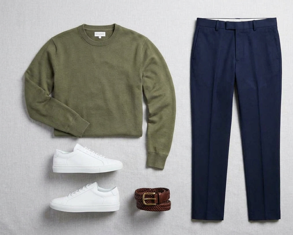 A styled flat-lay outfit on a light gray textured background featuring an olive green crewneck sweater, navy blue trousers, white sneakers, and a brown woven belt.