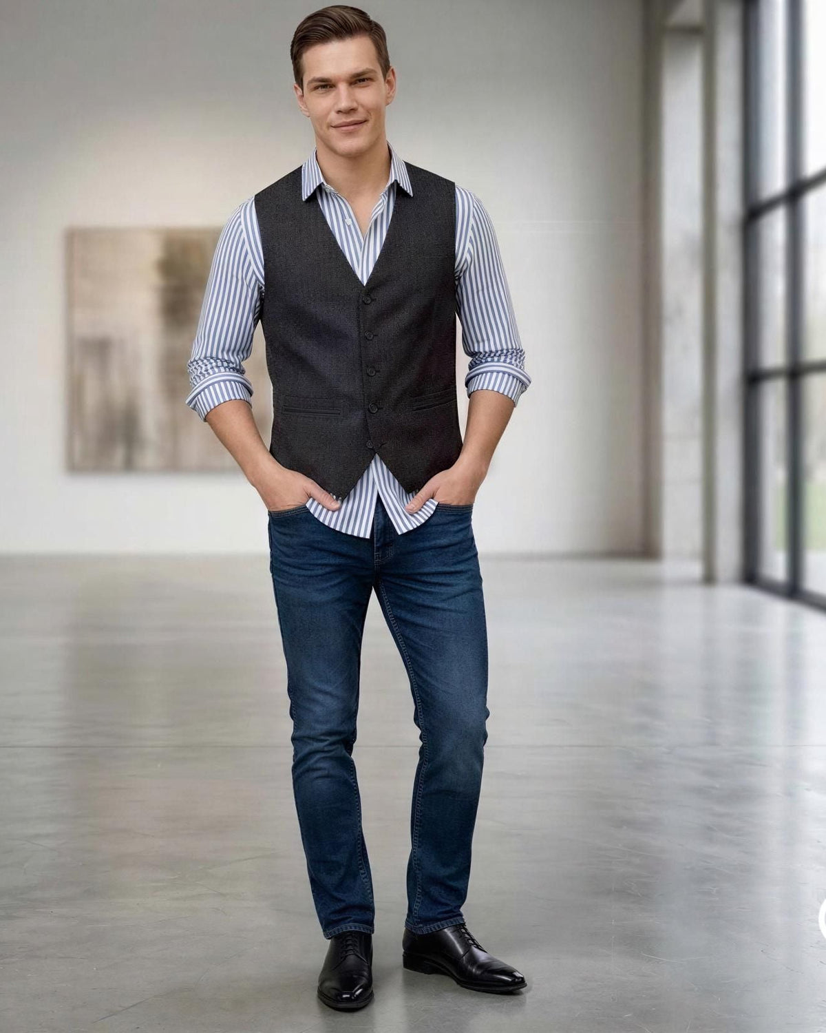 A man stands in a spacious, modern art gallery wearing a charcoal gray vest over a light blue and white striped shirt, paired with dark blue jeans and black dress shoes.