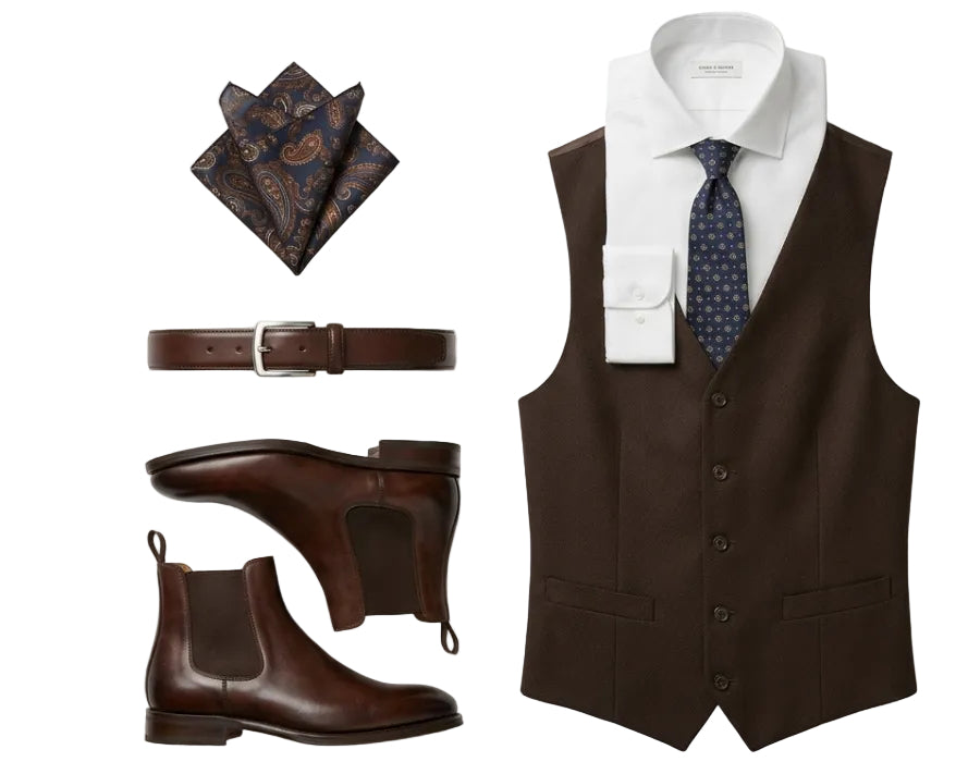A men's formal outfit laid out on a light gray background, including dark brown trousers, a matching dark brown vest, a white dress shirt, a blue patterned tie, a brown belt, dark brown Chelsea boots, and a patterned pocket square.