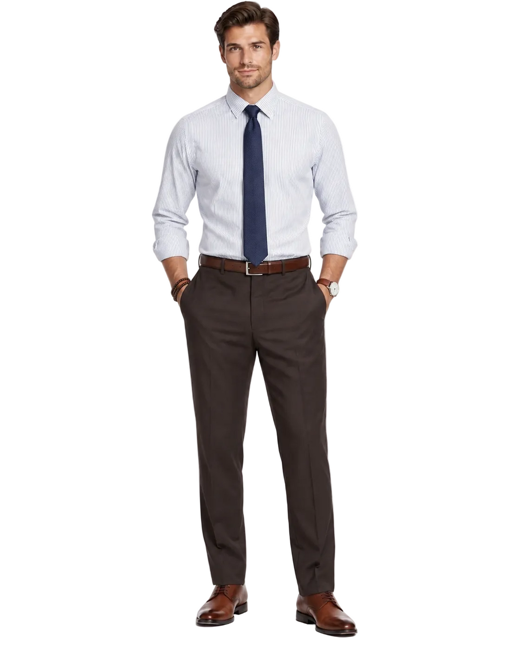 A man modeling a light blue dress shirt, navy tie, dark brown trousers, a brown belt, and brown leather dress shoes against a plain white studio background.