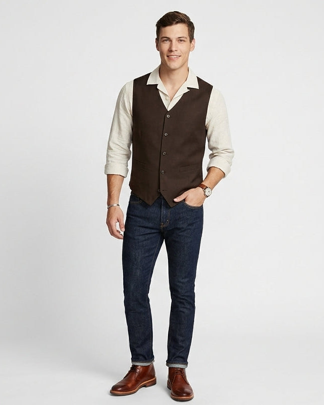 A man modeling a dark brown vest over a cream button-down shirt, paired with dark blue jeans and brown leather shoes, against a light gray studio background.