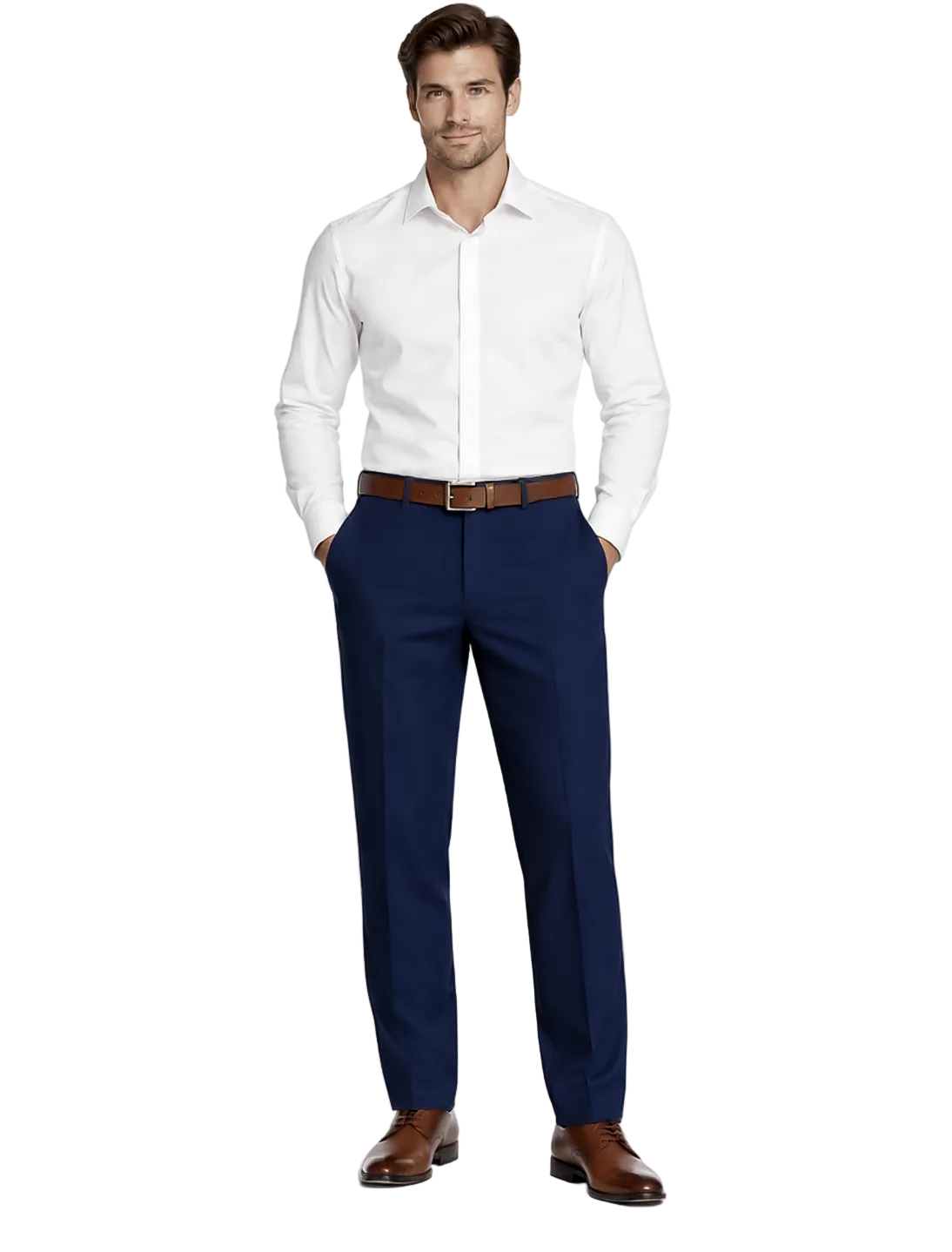A man modeling a white long-sleeve dress shirt and navy blue dress pants with a brown belt and brown leather dress shoes, standing against a plain white studio background.