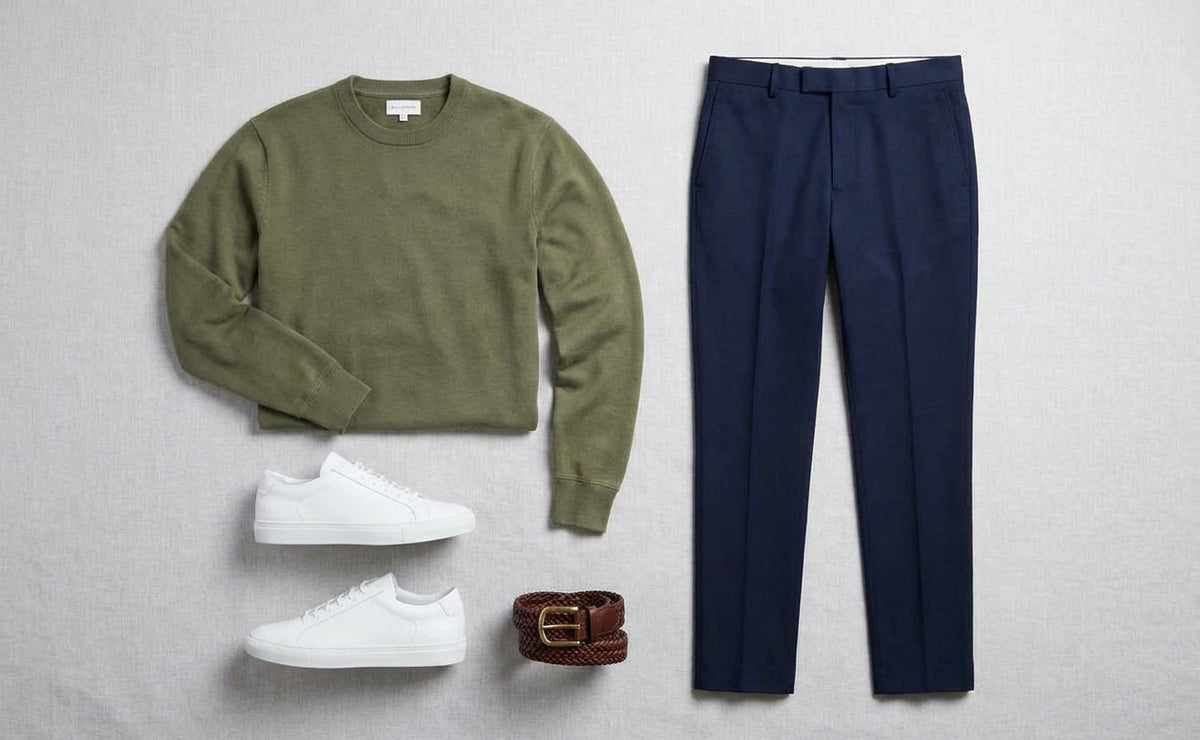 A styled flat-lay outfit on a light gray textured background featuring an olive green crewneck sweater, navy blue trousers, white sneakers, and a brown woven belt.