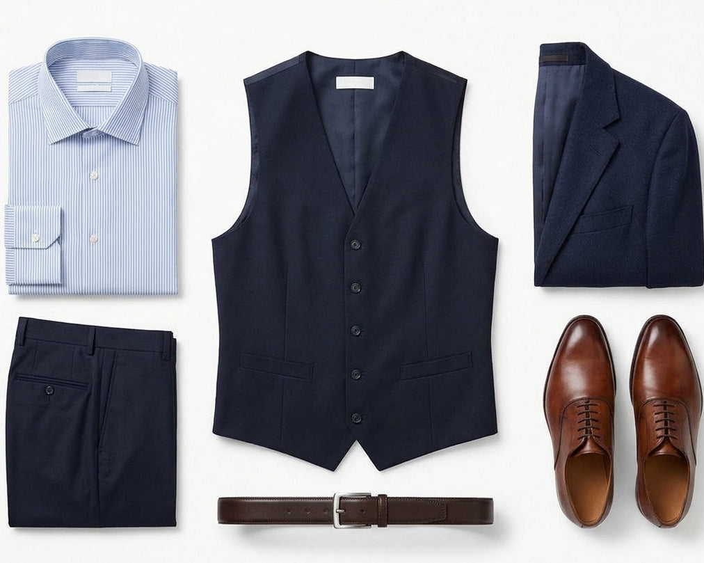 A men's formal outfit arranged in a flat lay on a white background, featuring a light blue dress shirt, a dark navy vest, matching navy trousers, a navy blazer, a brown belt, and brown oxford dress shoes.