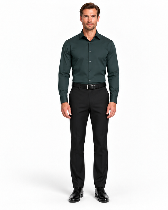 A side-by-side comparison of a man modeling a dark green long-sleeve button-down shirt with black trousers, shown from the front on the left and a three-quarter pose on the right, against a plain white studio background.