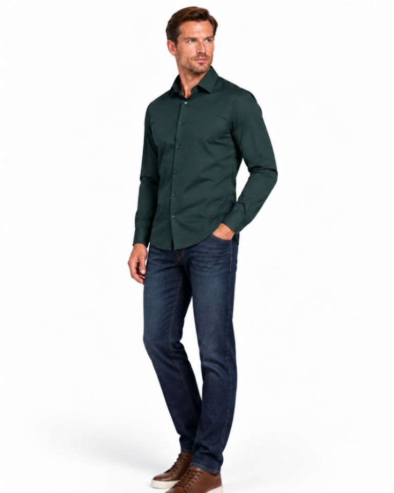A man modeling a dark green long-sleeve button-down shirt, dark blue jeans, and brown sneakers against a plain white studio background.