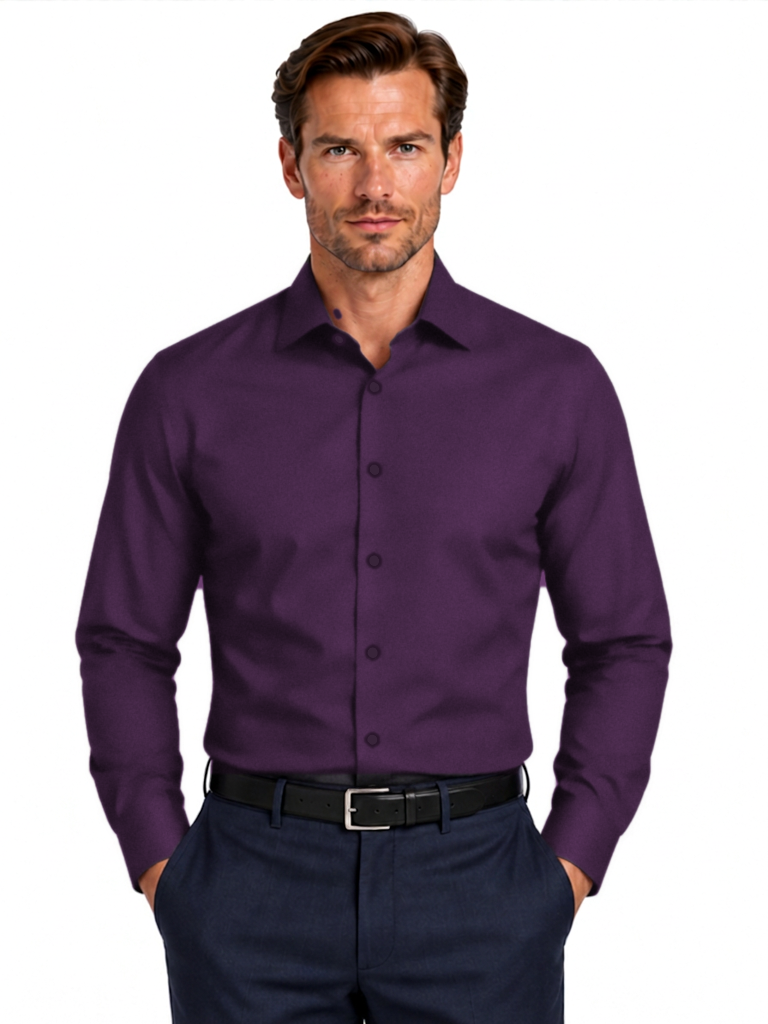 A man wearing a long-sleeve button-down dress shirt in solid purple, paired with navy blue trousers and a black belt, against a plain white background.