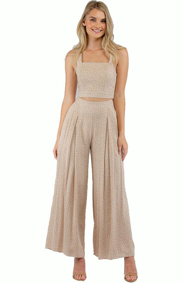Women's Apricot Jumpsuit Set With Crop Top And Pleated Pants - Threads N Trends