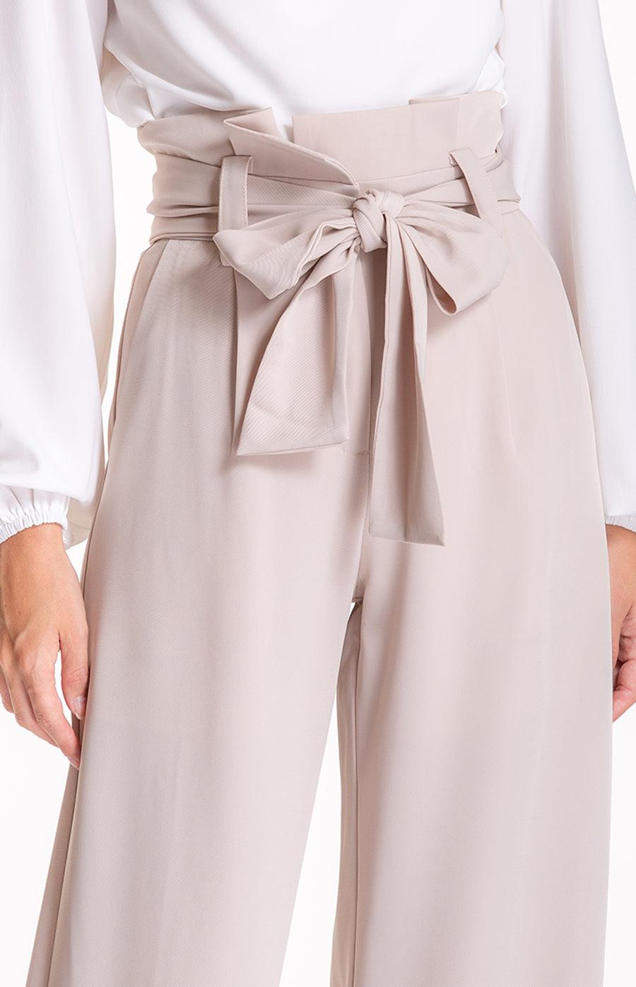 Women's Beige Paper Bag Waist Wide Leg Pants - Threads N Trends