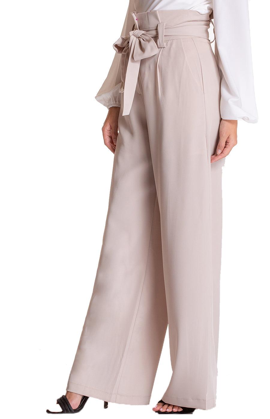 Women's Beige Paper Bag Waist Wide Leg Pants - Threads N Trends