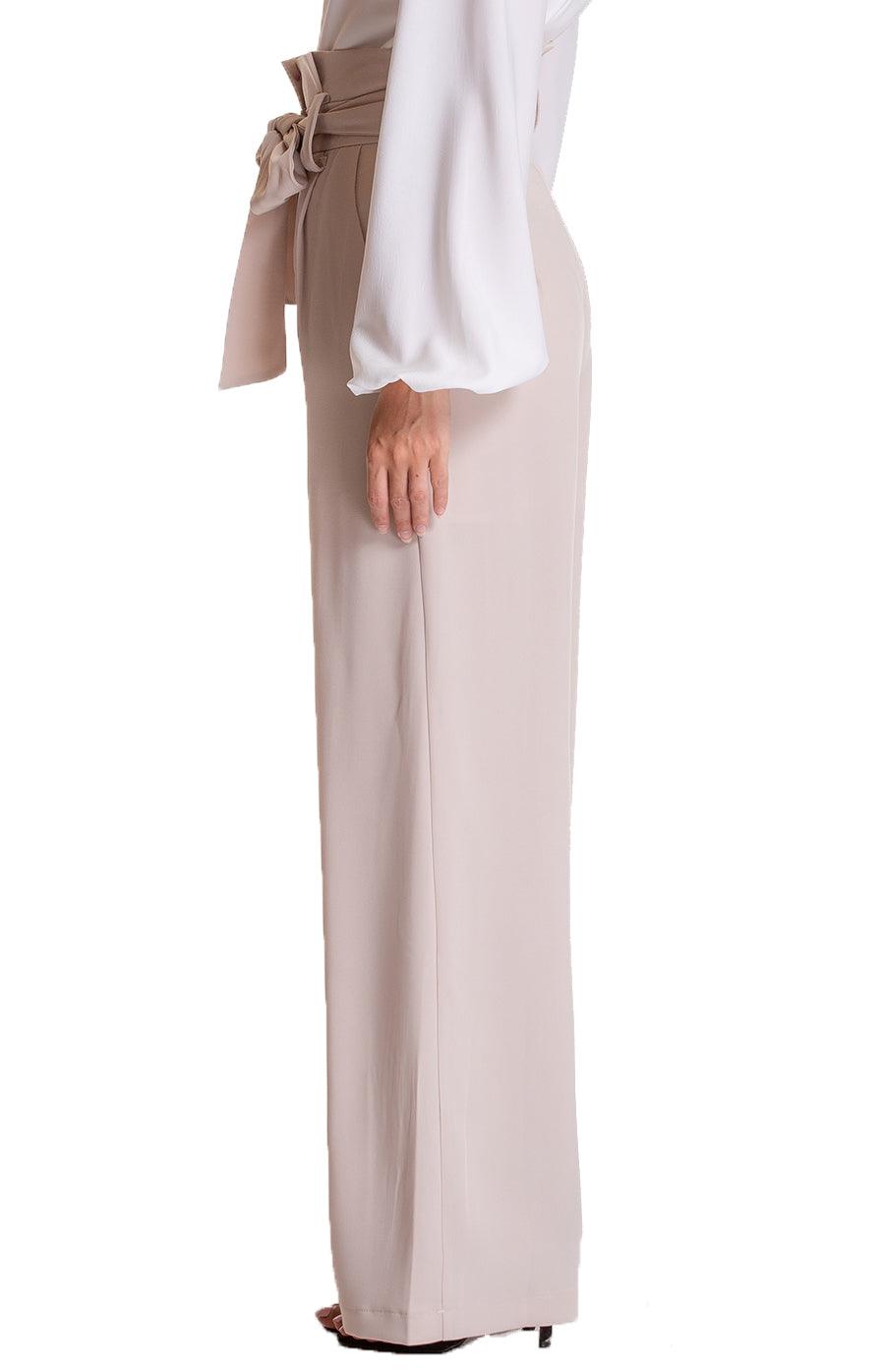 Women's Beige Paper Bag Waist Wide Leg Pants - Threads N Trends