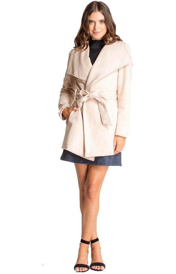 Women's Beige Wide Collar Wrap Coat with Tie-on Belt