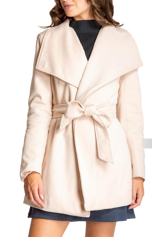 Women's Beige Wide Collar Wrap Coat with Tie-on Belt
