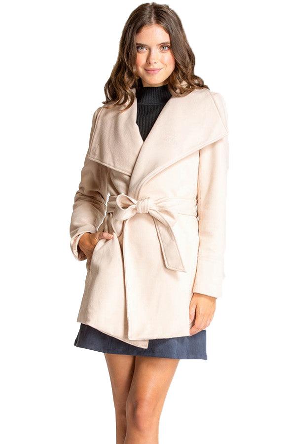 Women's Beige Wide Collar Wrap Coat with Tie-on Belt